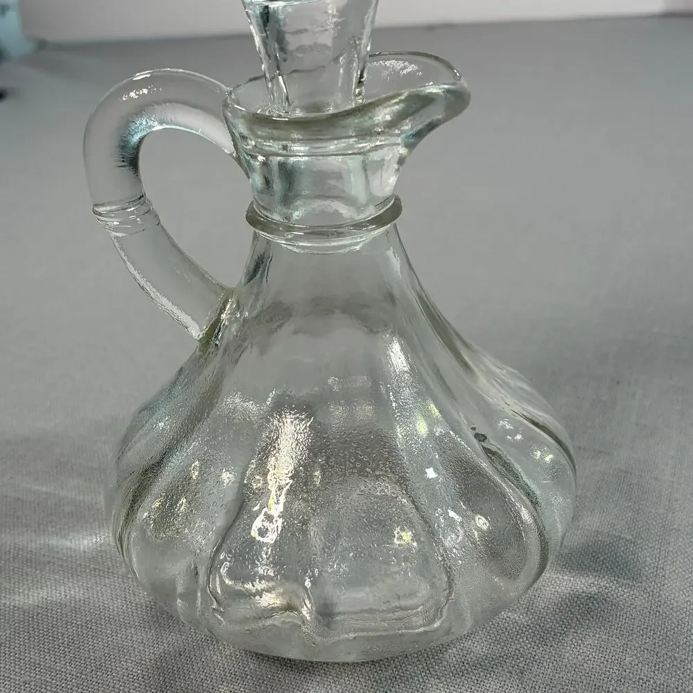 Vintage Clear Glass Cruet Decanter with Stopper Handle 6 Inch Oil Vinegar Bottle